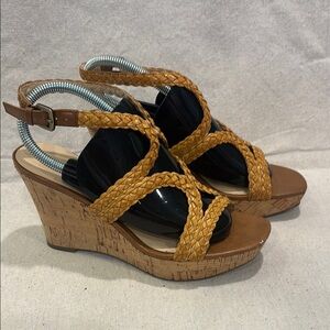 Franco Sarto Tan and Black Wedge Sandals
